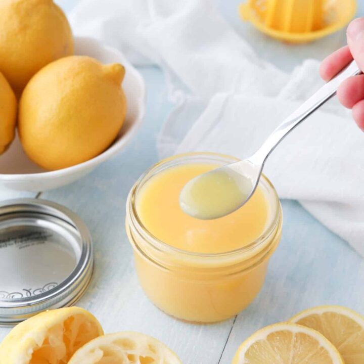 Homemade Lemon Curd on a spoon.