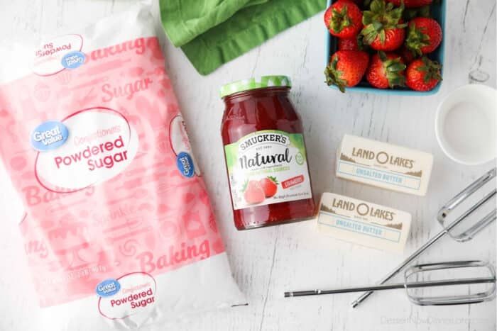 Ingredients for strawberry buttercream frosting: powdered sugar, strawberry jam (preserves), butter, salt.