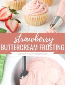 Pinterest collage image for Strawberry Buttercream Frosting with two images and text in the center.