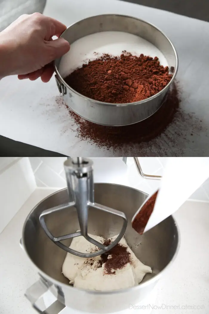 Sifting sugar, cocoa powder, and salt onto parchment paper. Then lifting the parchment paper and pouring ingredients into mixer.