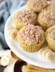 White cake plate with banana muffins in yellow wrappers with crumb streusel on top and slices of banana on the sides.