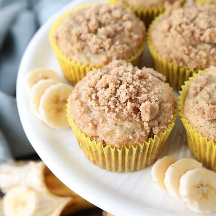 White cake plate with banana muffins in yellow wrappers with crumb streusel on top and slices of banana on the sides.