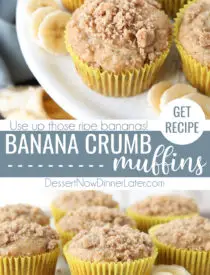 Pinterest collage image for Banana Crumb Muffins with text in the center of two close up images.