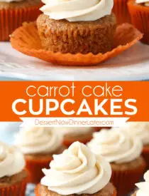 Pinterest collage image for Carrot Cake Cupcakes with two images and text in the center.