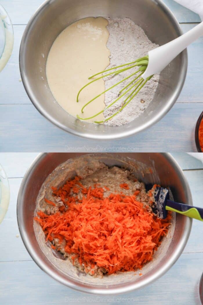Adding the bowl of wet ingredients to the dry ingredients. Then adding the shredding carrots to the batter.