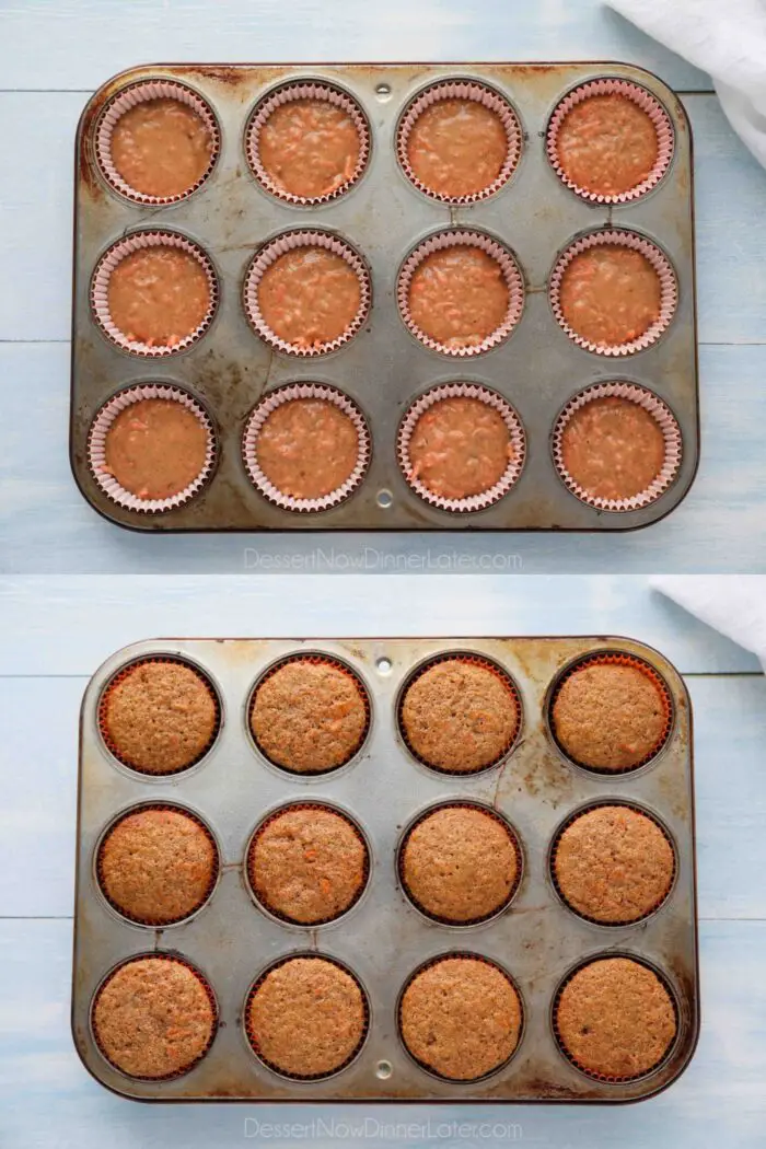 Carrot cake cupcakes before and after baking in a cupcake pan.