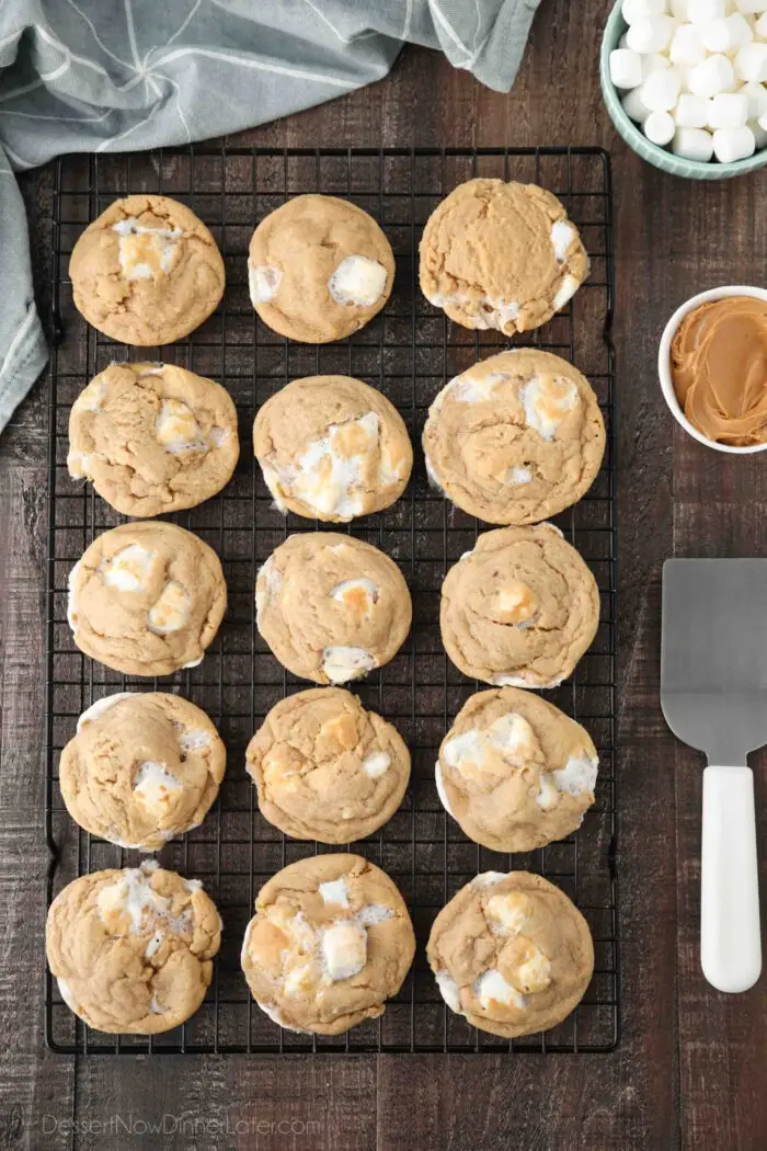 Fluffernutter cookies on a wire cooling rack.