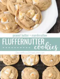Pinterest collage image for Fluffernutter Cookies with two images and text in the center.