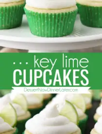Pinterest collage image for Key Lime Cupcakes with two images and text in the center.