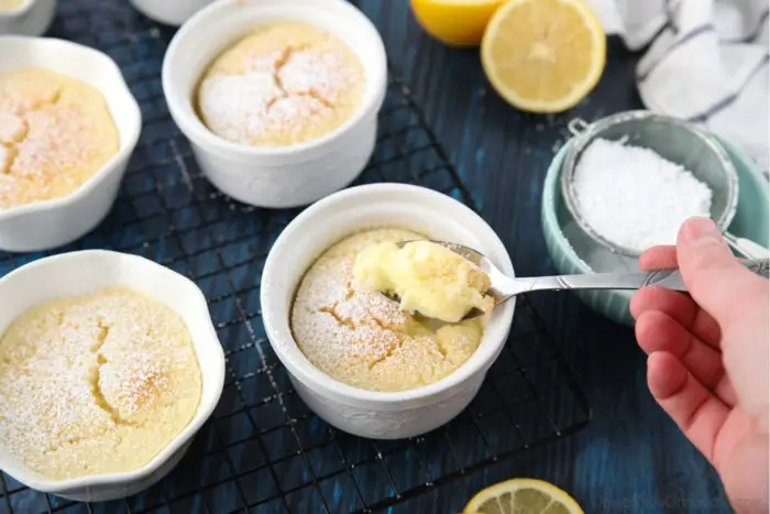 Spoonful of lemon cake and pudding underneath.