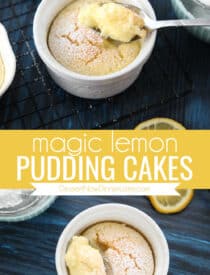 Pinterest collage image for Lemon Pudding Cakes with two images and text in the center.