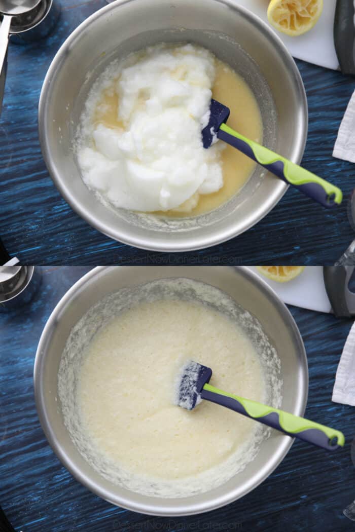 Egg whites added to cake batter, then fully incorporated after folding with spatula.