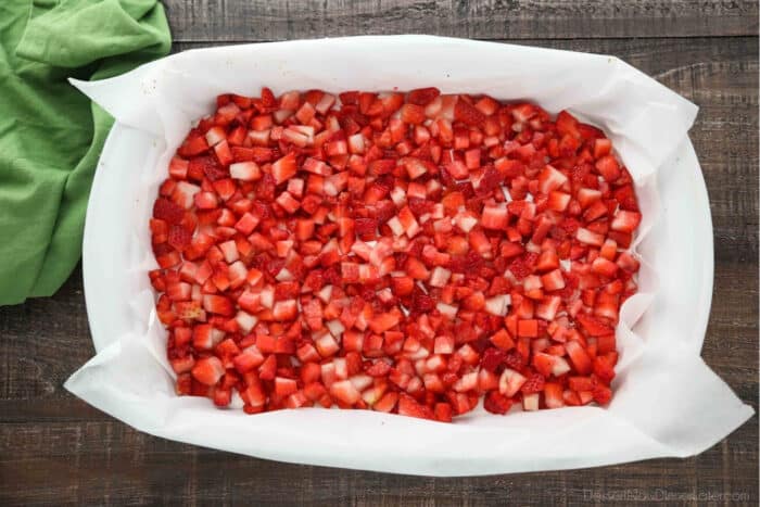 Diced fresh strawberries on top of the no bake cheesecake layer.