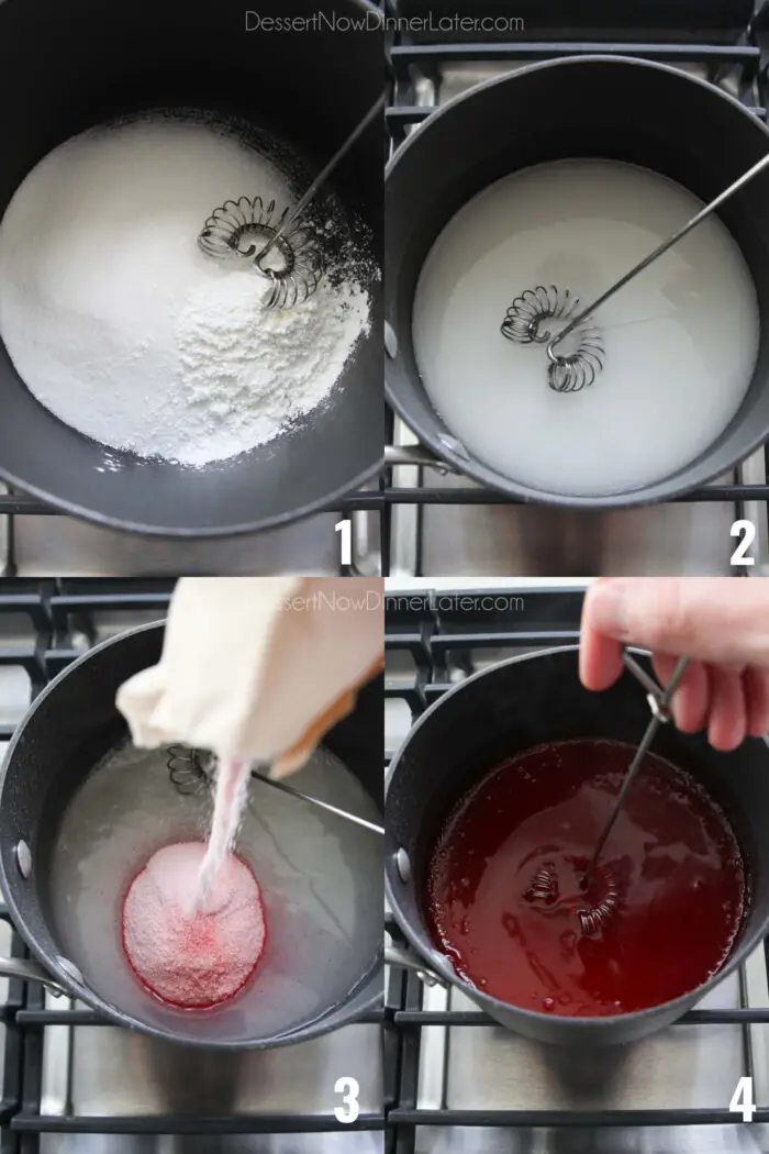 Collage image for jello layer. Step 1 - Whisk together granulated sugar and cornstarch in a saucepan. Step 2 - Add water and heat until simmering, whisking constantly. Step 3 - Add strawberry jello. Step 4 - Turn off heat and whisk to combine. Set aside to cool.