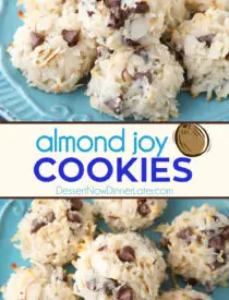 Pinterest collage image for Almond Joy Cookies. Two images with text in the center.