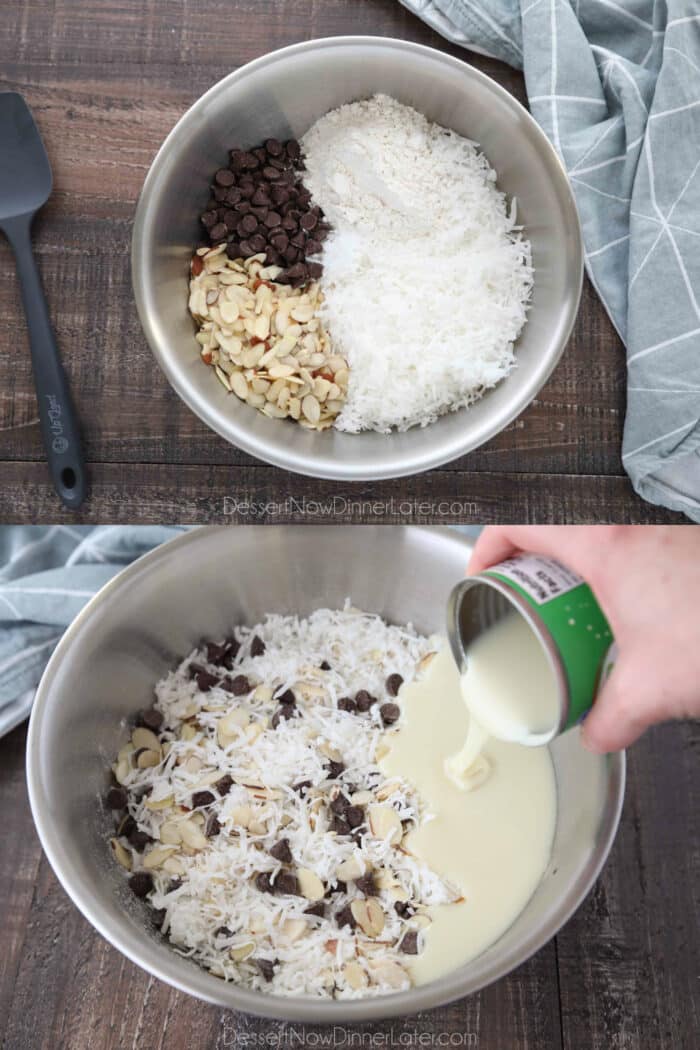 Collage image. How to make almond joy cookies. Top image: Coconut, flour, salt, chocolate chips, and almonds in a bowl. Bottom image: Vanilla added to bowl. Pouring sweetened condensed milk from can into the bowl.