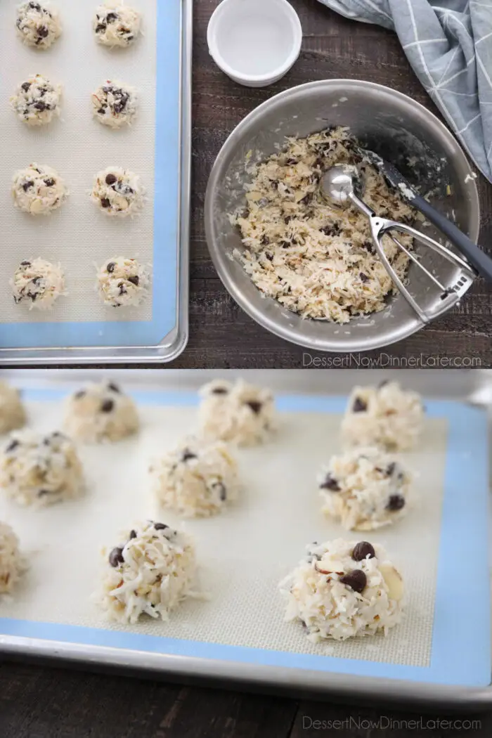 Collage image. How to make Almond Joy Cookies. Top image: Cookie scoop and spatula in bowl of mixed ingredients. Bottom image: Shaped cookies on a sheet tray with a silicone baking mat.