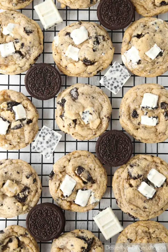 Cooling rack with baked cookies, Oreos, and cookies & cream candy bars.