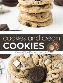 Pinterest collage image for Cookies and Cream Cookies with text in the center of two close-up images.