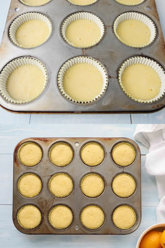 Cupcake tin with paper liners and lemon cupcake batter before and after baking.