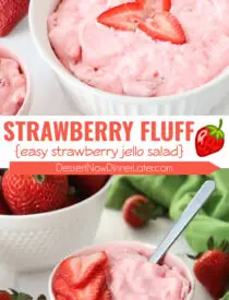 Pinterest collage image for Strawberry Fluff with two images and text in the center.