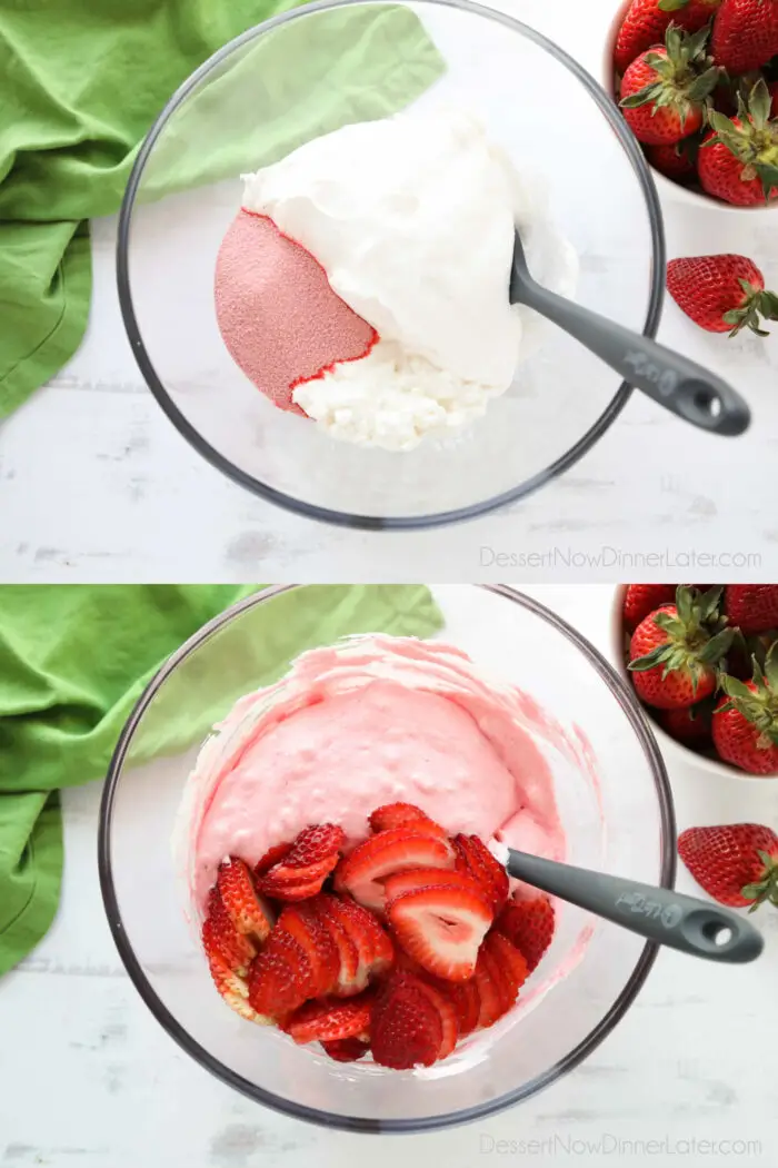 Collage image for how to make strawberry fluff. Top image: Jello, whipped topping, and cottage cheese in bowl. Bottom image: Ingredients mixed with sliced strawberries added.