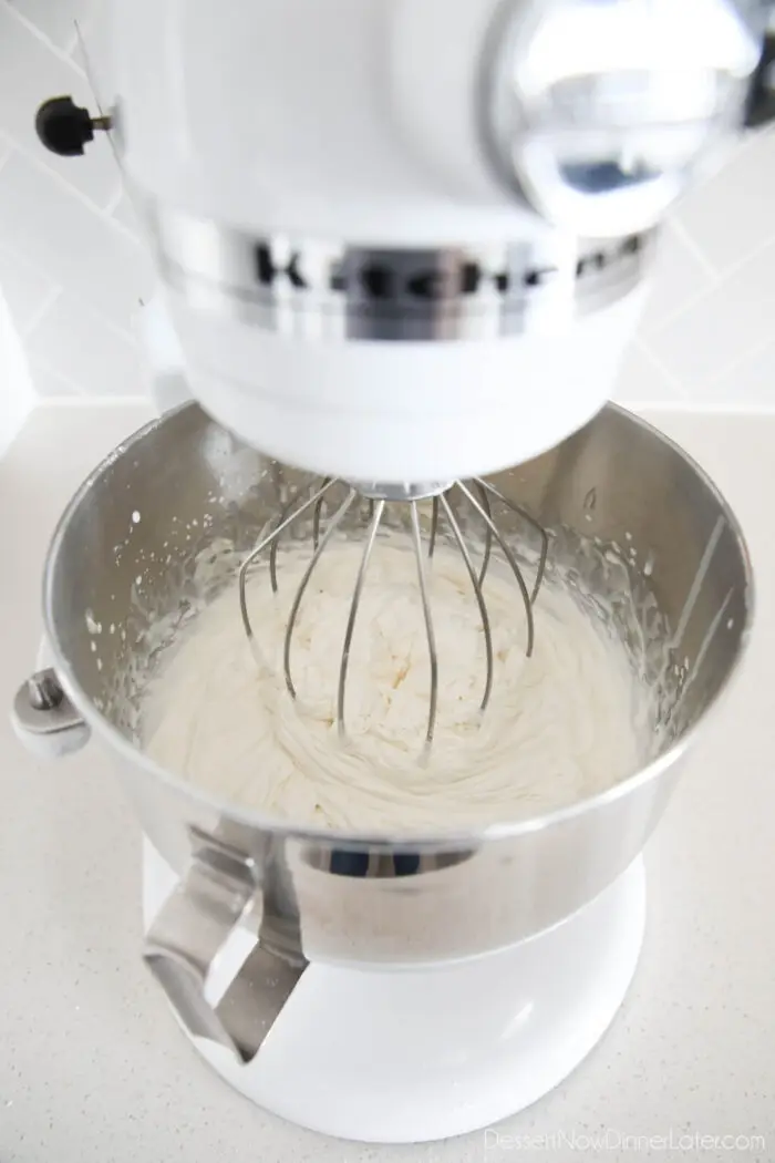 Whipped cream cheese frosting made in a stand mixer.