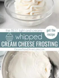 Pinterest collage image for Whipped Cream Cheese Frosting with two images and text in the center.