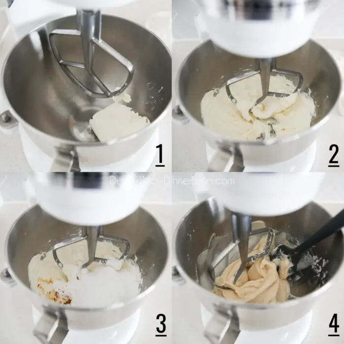 One Bowl Whipped Cream Cheese Frosting steps 1-4. Four image collage. 1- Brick of cream cheese in stand mixer with paddle attachment. 2- Cream cheese mixed. 3- Powdered sugar, salt, and vanilla added. 4- Ingredients mixed and bowl scraped with a spatula.