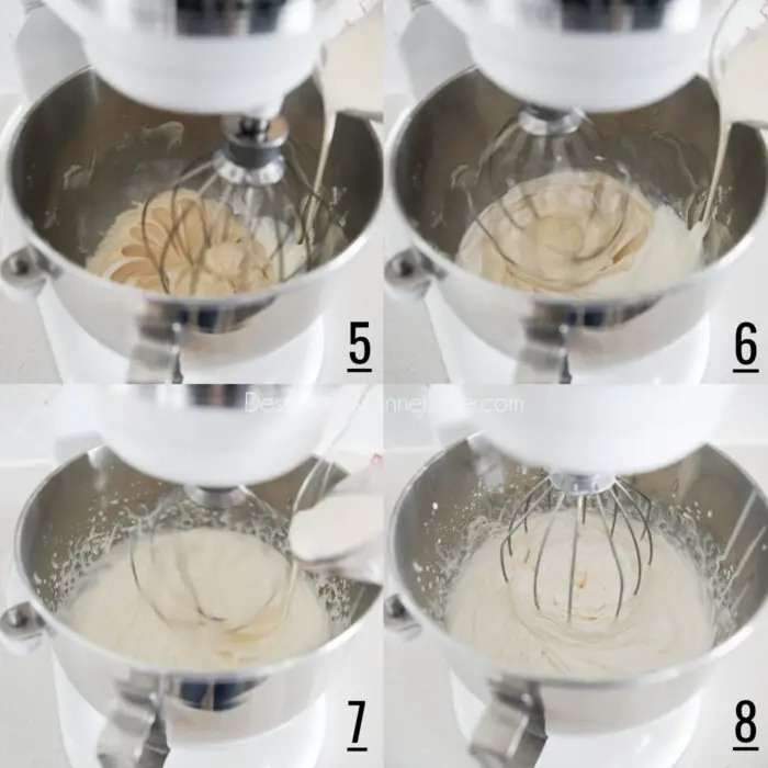 One Bowl Whipped Cream Cheese Frosting steps 5-8. Four picture collage. 5- Switch to whisk attachment. Slowly pouring cream while mixing. 6- Slowly pouring more cream while mixing. 7- Progress of adding cream while mixing. 8- Finished whipped cream cheese frosting.