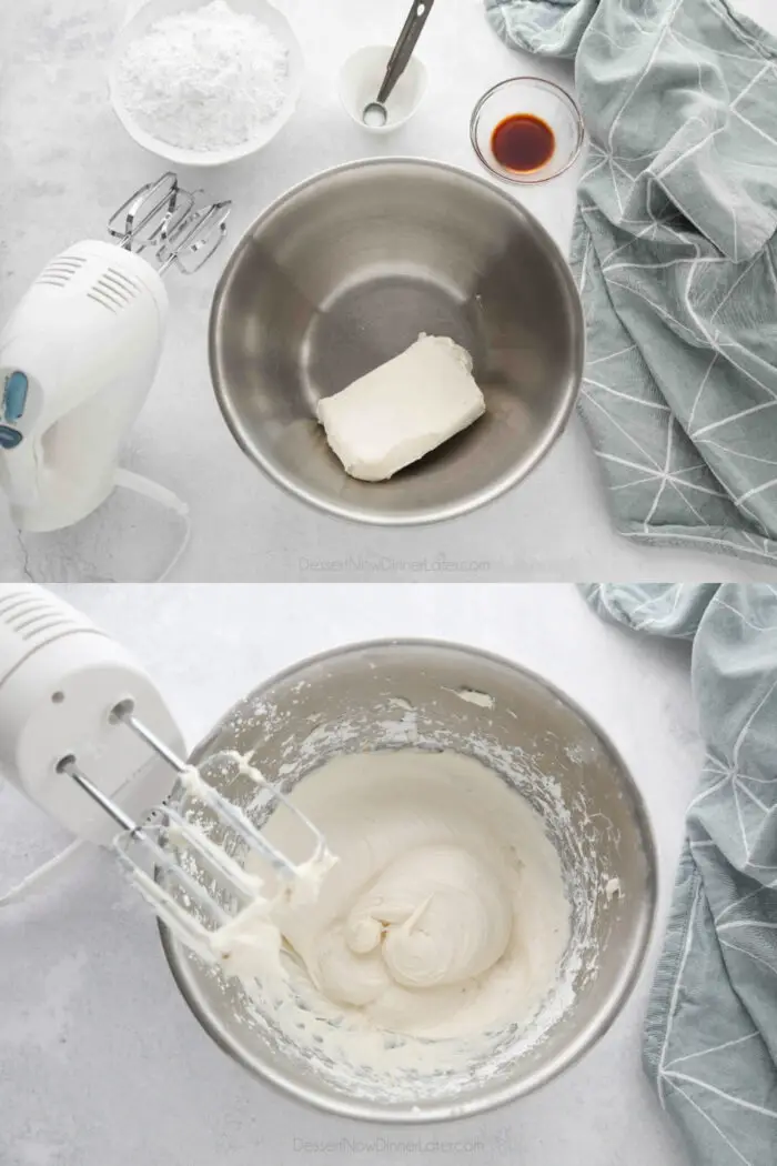 Collage image for how to make whipped cream cheese frosting. Image One: Ingredients. Image Two: Cream cheese, beaten with powdered sugar, salt, and vanilla.