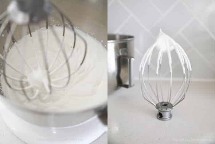 Collage image for how to make whipped cream cheese frosting. Whip heavy cream to stiff peaks. Shown in bowl, and then on whisk.
