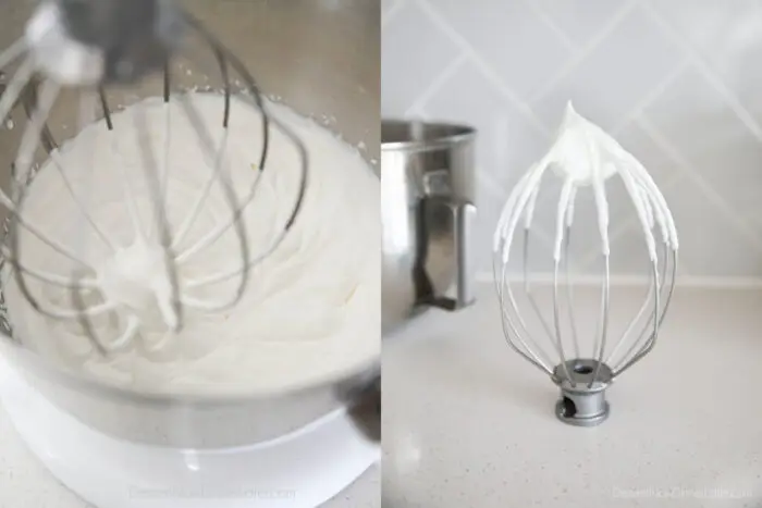 Collage image for how to make whipped cream cheese frosting. Whip heavy cream to stiff peaks. Shown in bowl, and then on whisk.