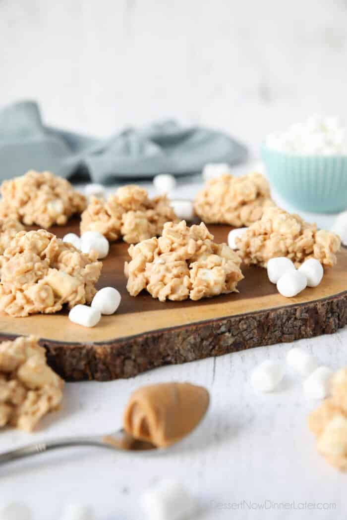Focus on rice cereal treats with mini marshmallows, peanut butter and white chocolate.