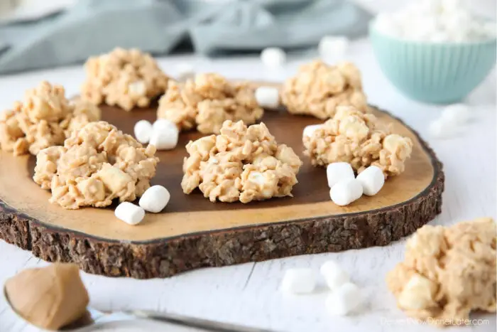 Avalanche cookies, like Rocky Mountain Avalanche Bars, on top of wood board.