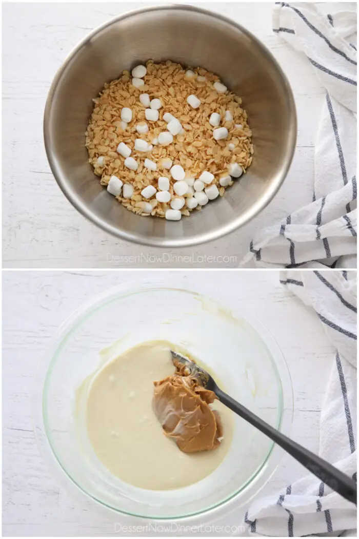 Collage image. Making avalanche cookies. Top image: Bowl of rice cereal and mini marshmallows. Bottom image: Melted white chocolate chips with peanut butter.