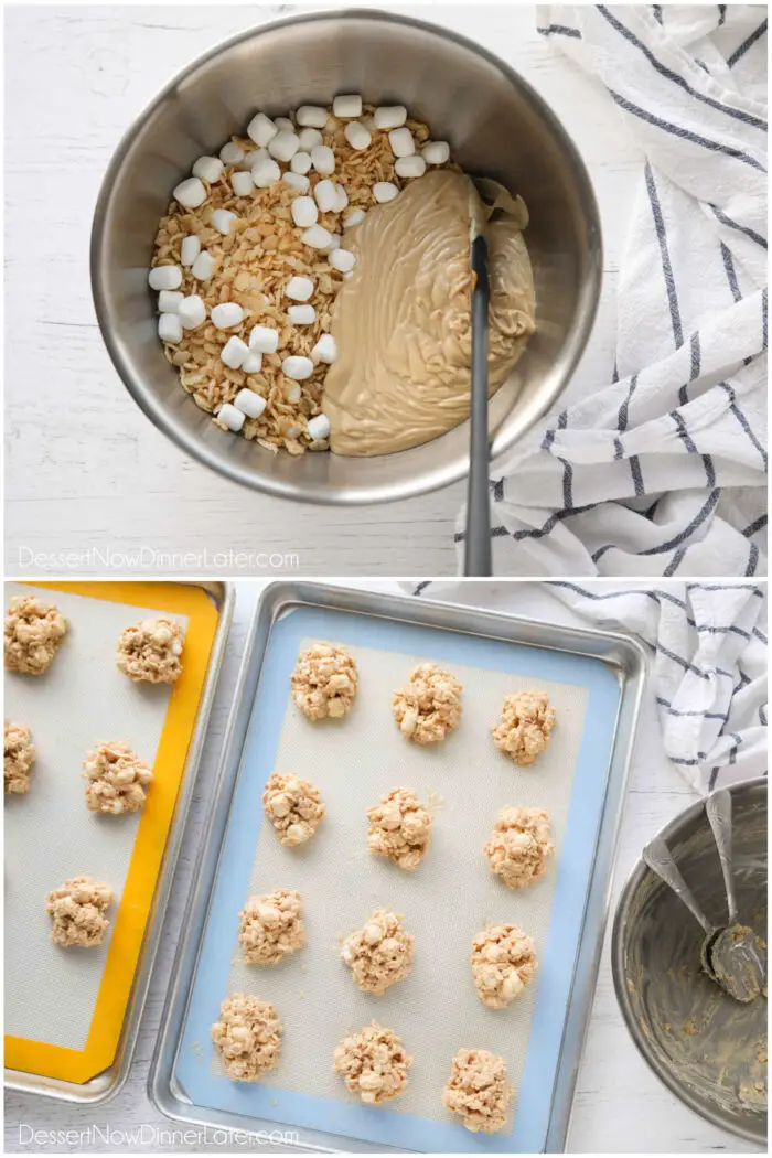 Collage image. Making avalanche cookies. Top image: Combining cereal, marshmallows, and peanut butter white chocolate mixture. Bottom image: Mounds of cereal treats on a cookie tray.