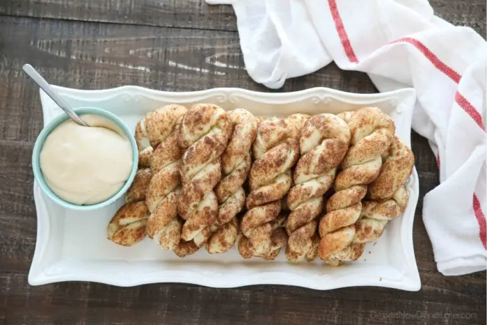 Top view of plate of baked cinnamon twists.