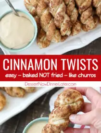 Pinterest collage image for Cinnamon Twists with two images and text in the center.