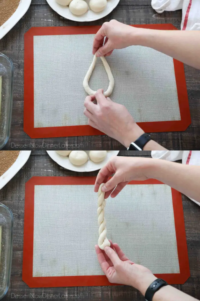 How to make Cinnamon Twists: After rolling the ends of the dough in opposite directions, the ends are pinched together, and the dough is lifted from the surface, automatically twisting.