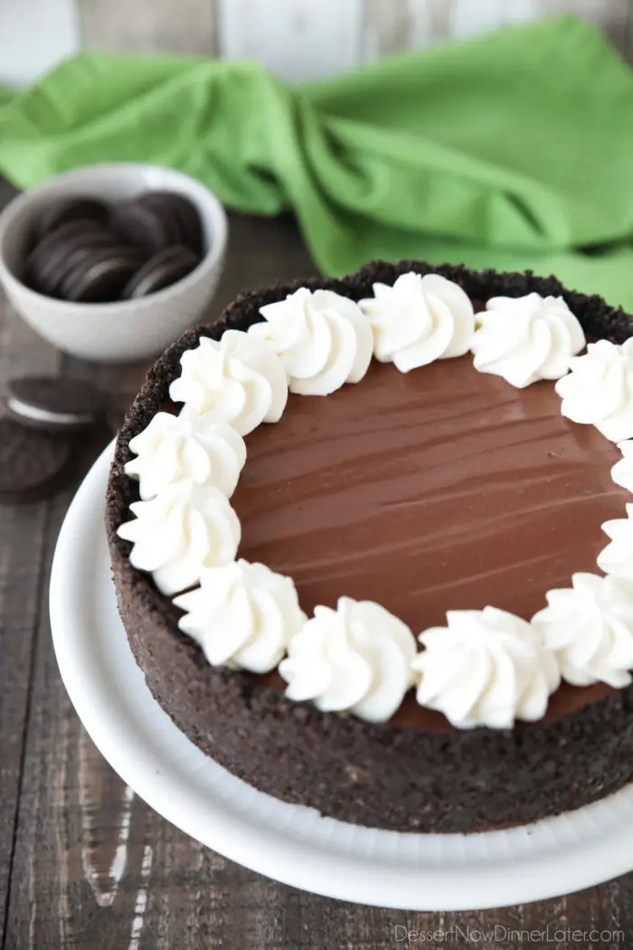 Whole no-bake chocolate cheesecake with an Oreo crust.