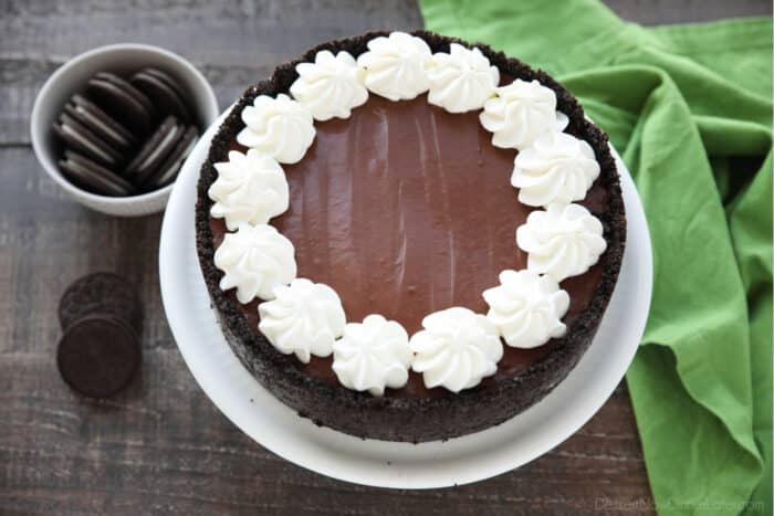 Whole no-bake chocolate cheesecake with an Oreo crust.