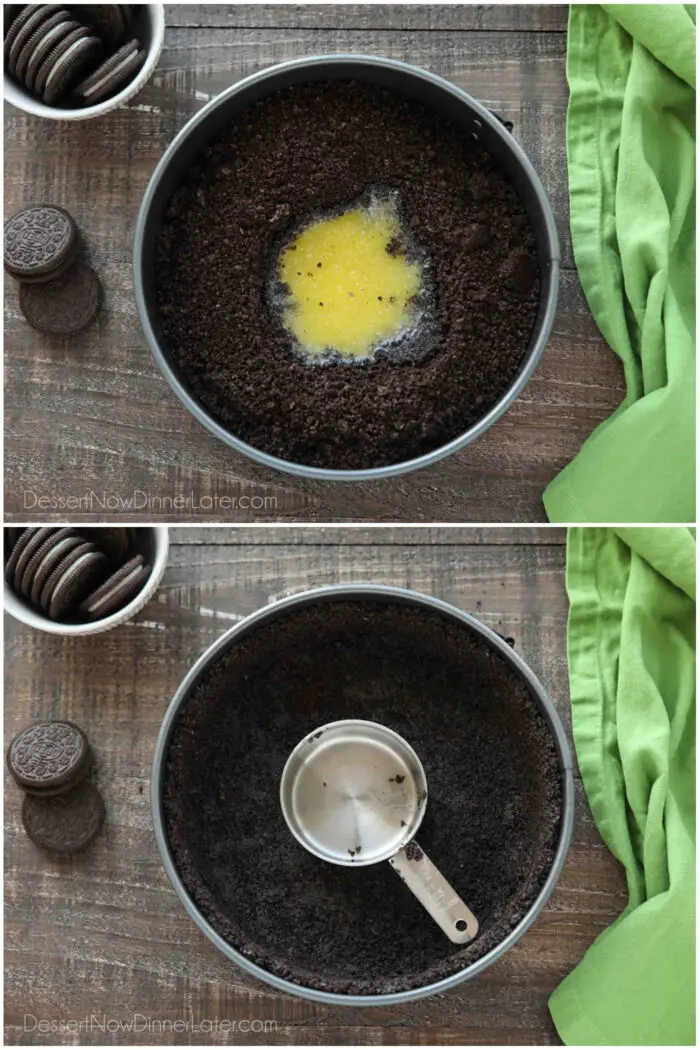 Collage image. Top: Oreo crumbs and melted butter inside a springform pan. Bottom: Measuring cup pressing the Oreo crust to the bottom and sides of the pan.