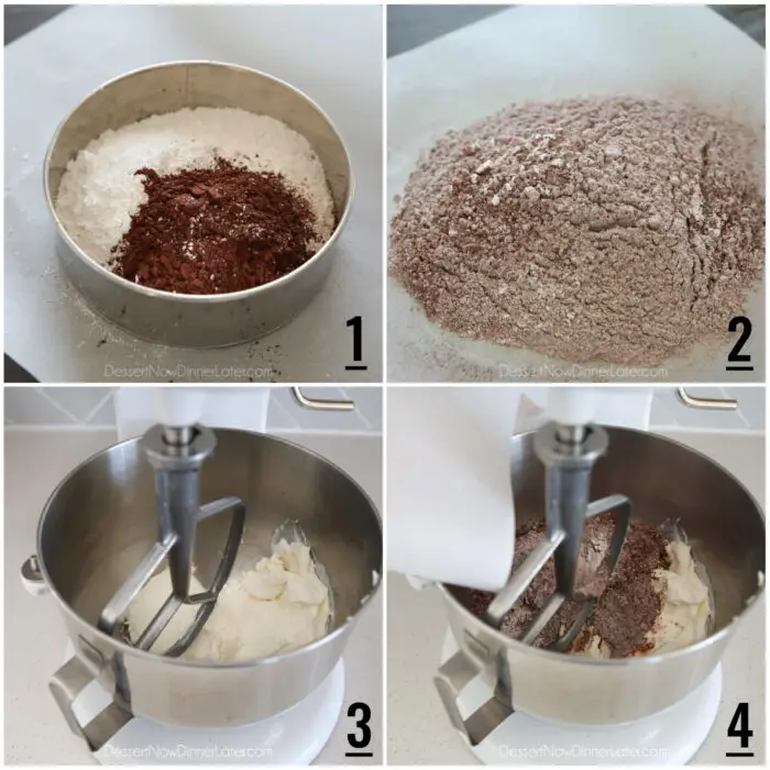 Four image collage. 1- Powdered sugar and cocoa powder in fine mesh sieve. 2- Sifted ingredients on parchment paper. 3- Stand mixer with cream cheese. 4. Stand mixer with cream cheese and cocoa mixture being poured on top.