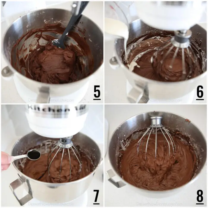 Four image collage. 5- Scraping chocolate cream cheese with a spatula. 6- Whisking in heavy cream. 7- Adding vanilla. 8- No bake chocolate cheesecake filling in bowl with whisk attachment.