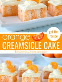 Pinterest collage image for Orange Creamsicle Cake with two images and text in the center.