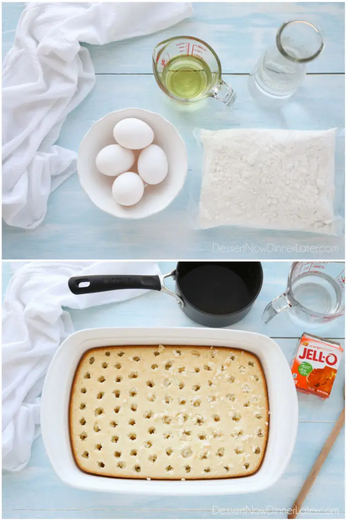 Two image collage. Top: Ingredients. White cake mix, eggs, oil, water. Bottom: Baked cake with holes poked into it, next to a saucepan, glass measuring cup with water, and a box of orange jello mix.