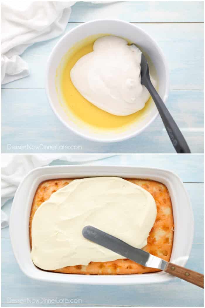 Two image collage. Top: Bowl of instant vanilla pudding and whipped topping. Bottom: Whipped pudding mixture being spread over cake.