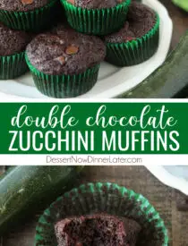 Pinterest collage image for Chocolate Zucchini Muffins with two images and text in the center.