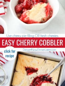 Pinterest collage image for Easy Cherry Cobbler with two images and text in the center.